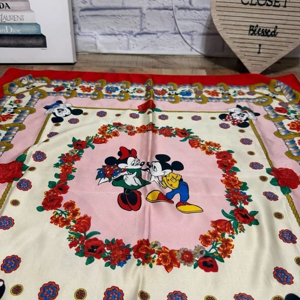 DISNEY PARKS PARIS SCARF 35" x 33” Disneyland Mickey Minnie Ropes Floral - Picture 10 of 10